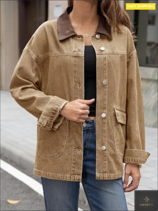 Oversized Denim Jacket Casual Contrast Canvas Collar Button Down Streetwear - Picture 4 of 6